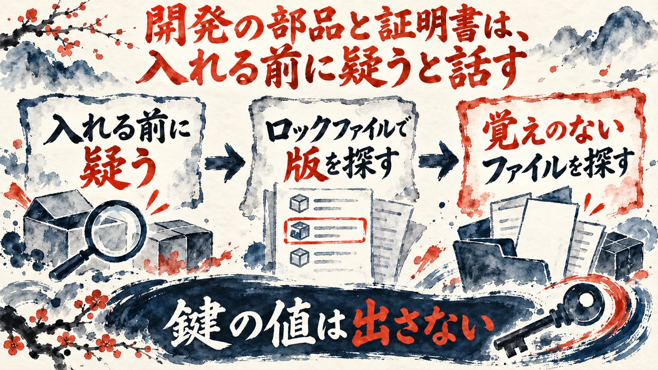 図解。入れる前に疑う、ロックファイルで版を探す、覚えのないファイルを探す、の三つの札が矢印で並び、小さな箱と鍵の水彩画が描かれている。見出しは、開発の部品と証明書は、入れる前に疑うと話す