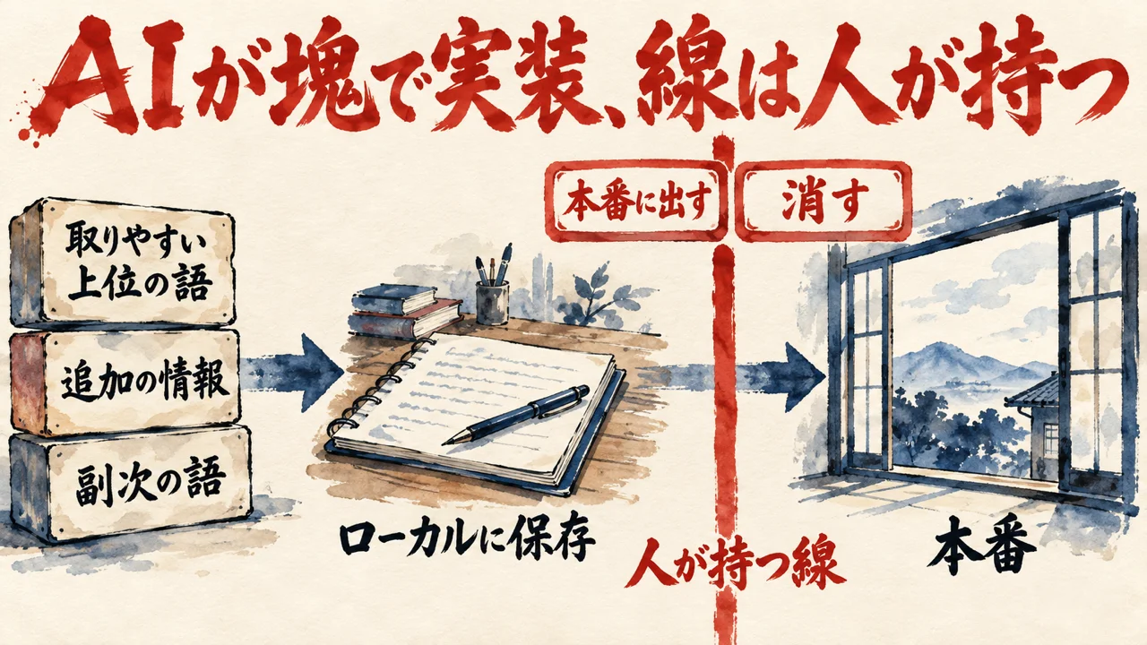 取りやすい上位の語、追加の情報、副次の語の三つの塊をローカルに保存し、本番との間に人が持つ線を引く。線の上に本番に出すと消すの二つのボタンがある図解
