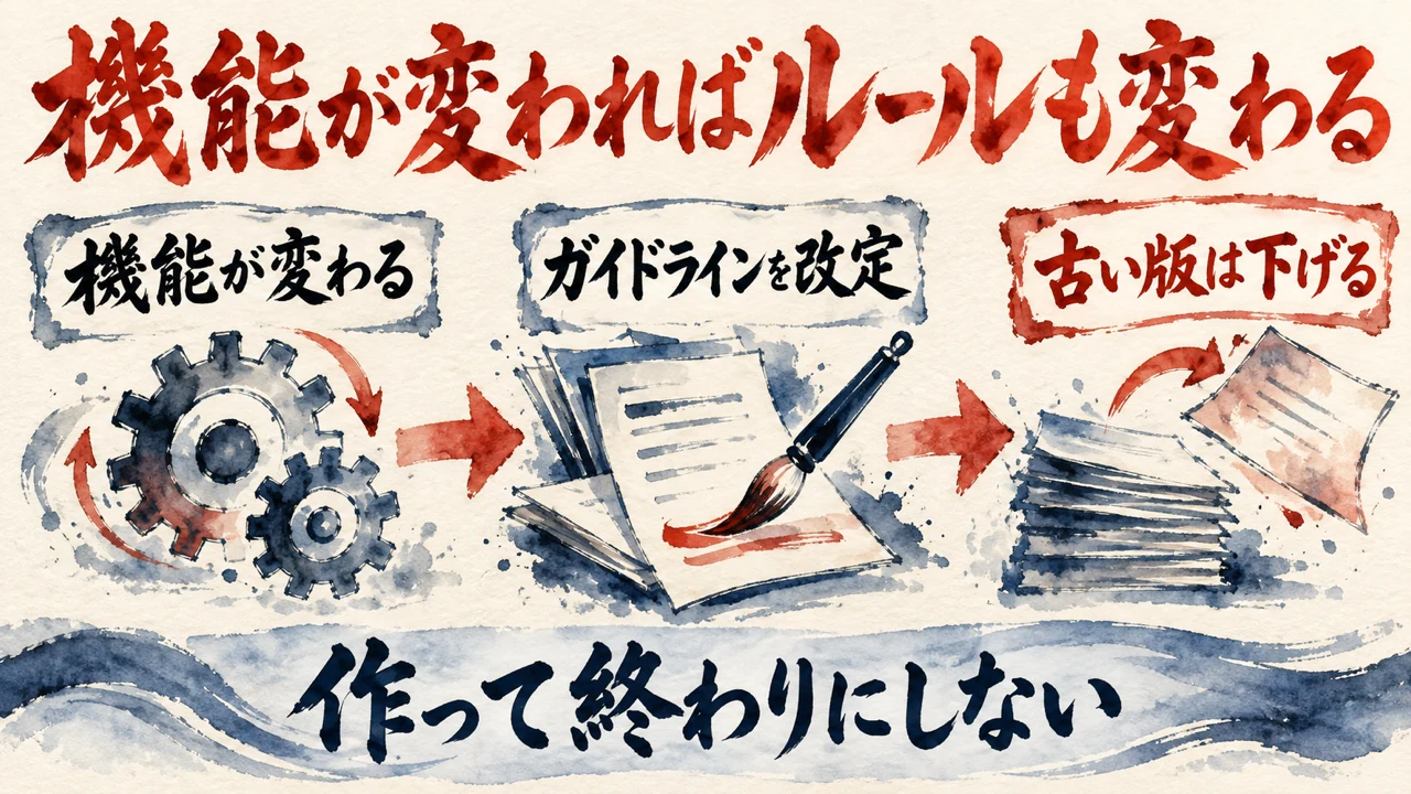 「ルールの見直し」の図解。「機能が変わる」「ガイドラインを改定」「古い版は下げる」の三つの札と水彩画。下の帯に「作って終わりにしない」