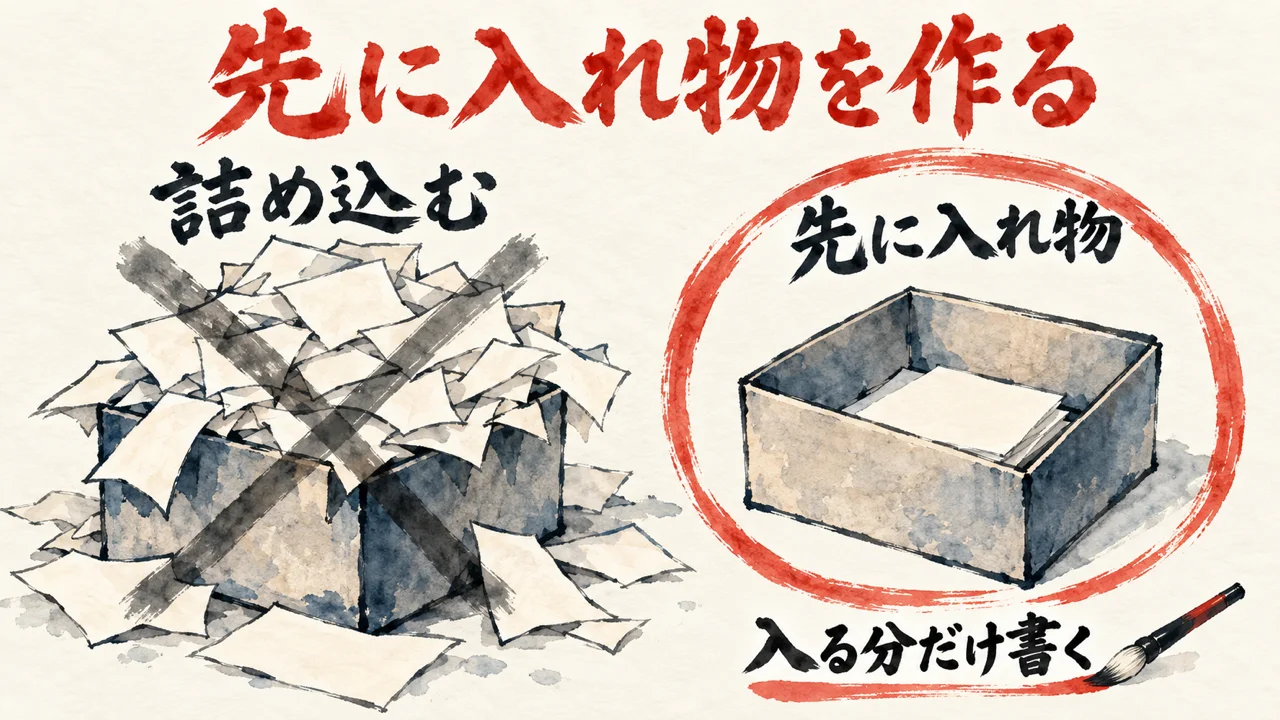 紙を詰め込む箱に×をつけ、先に入れ物を作って入る分だけ書く形を並べた図解
