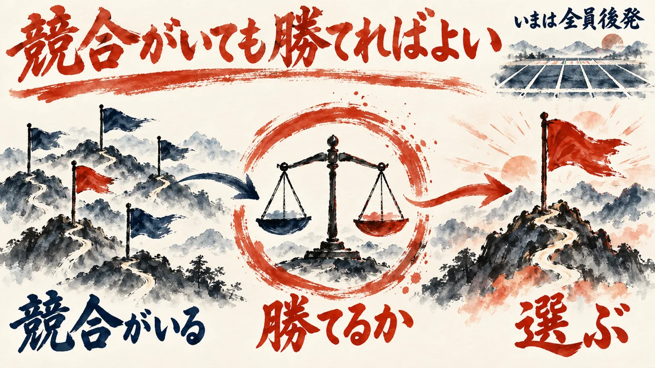 競合がいる山の旗から、勝てるかを天秤で量り、選ぶ旗へ進む図解。いまは全員後発、の言葉つき