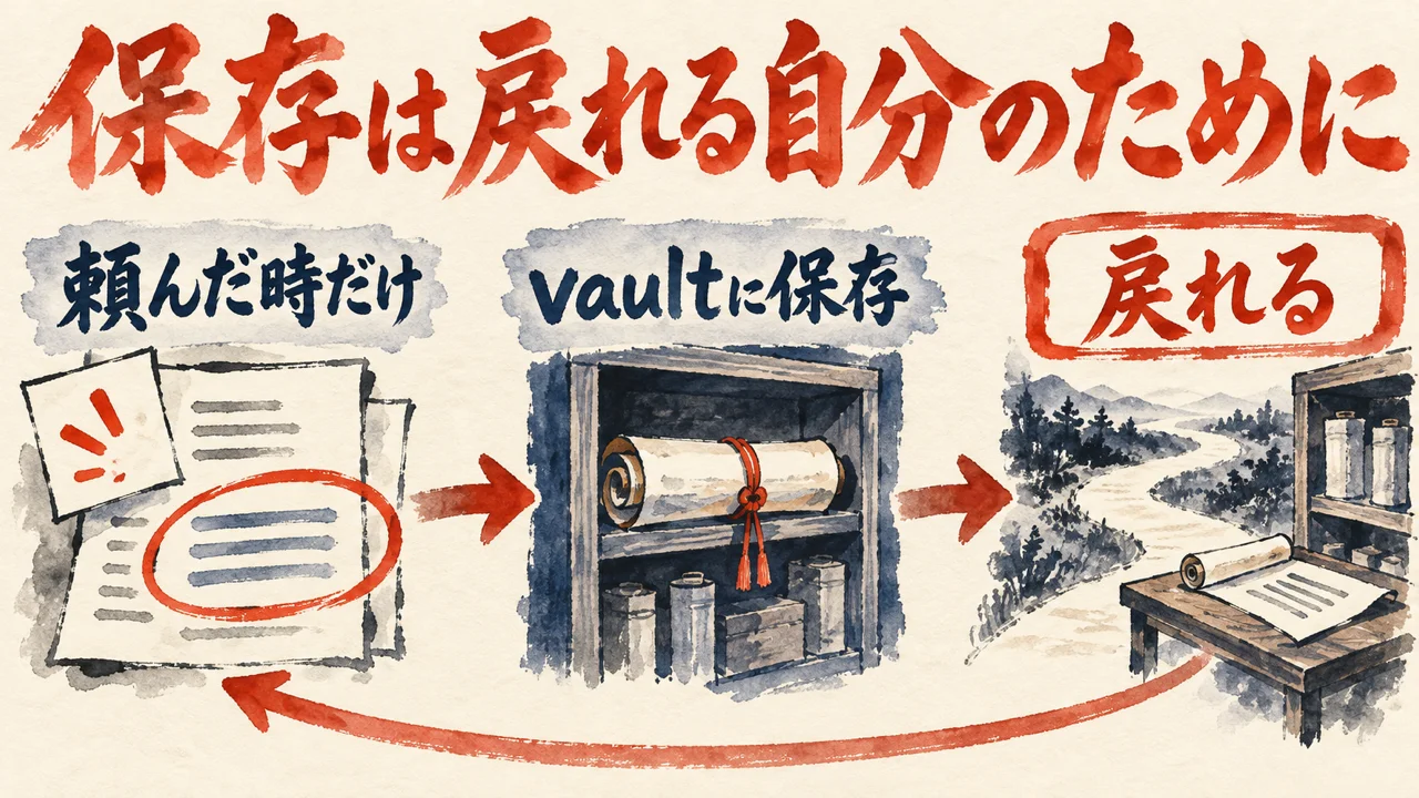 頼んだ時だけ保存し、vaultの棚に収め、あとから戻れることを三つの札でつないだ図解
