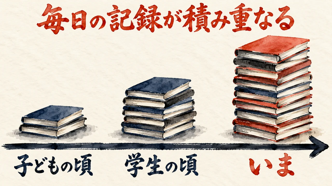 小学校から今までの毎日の記録が、年ごとに積み重なっていく時間の流れの図