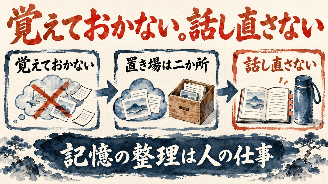 図解。覚えておかない、置き場は二か所、話し直さない、の三つの札が矢印で並ぶ水彩画。見出しは自分しか持たない記憶を残さず、前提を話し直さない