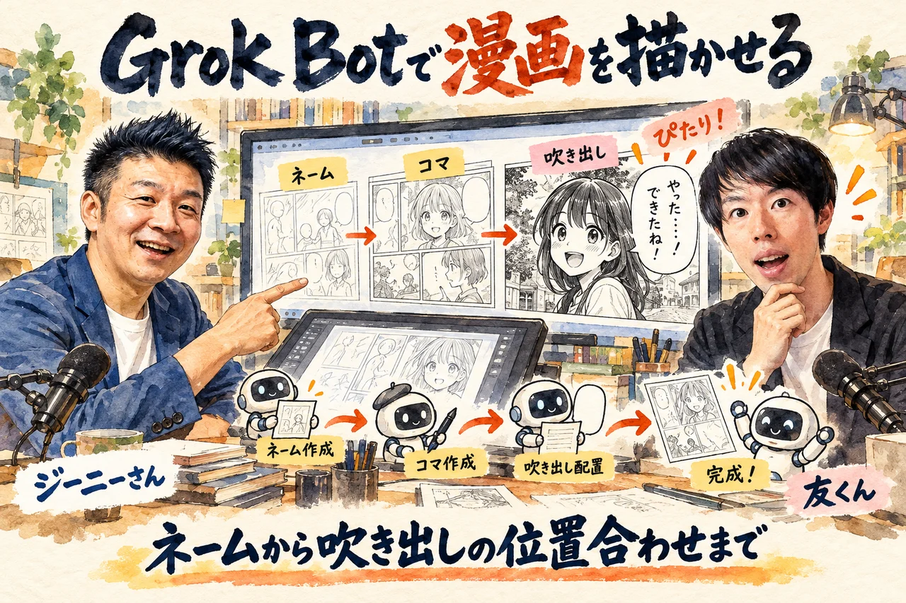 Grok Botで漫画を描かせる｜ジーニーさんが、ネームから吹き出しの位置合わせまでを説明する場面の図