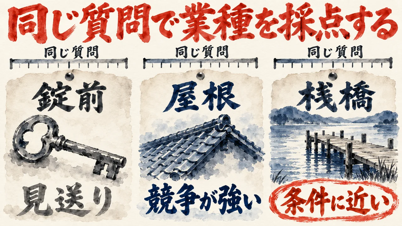 錠前、屋根、桟橋の三枚の札を同じ物差しで測り、見送り、競争が強い、条件に近いの判定を下に付けた図解