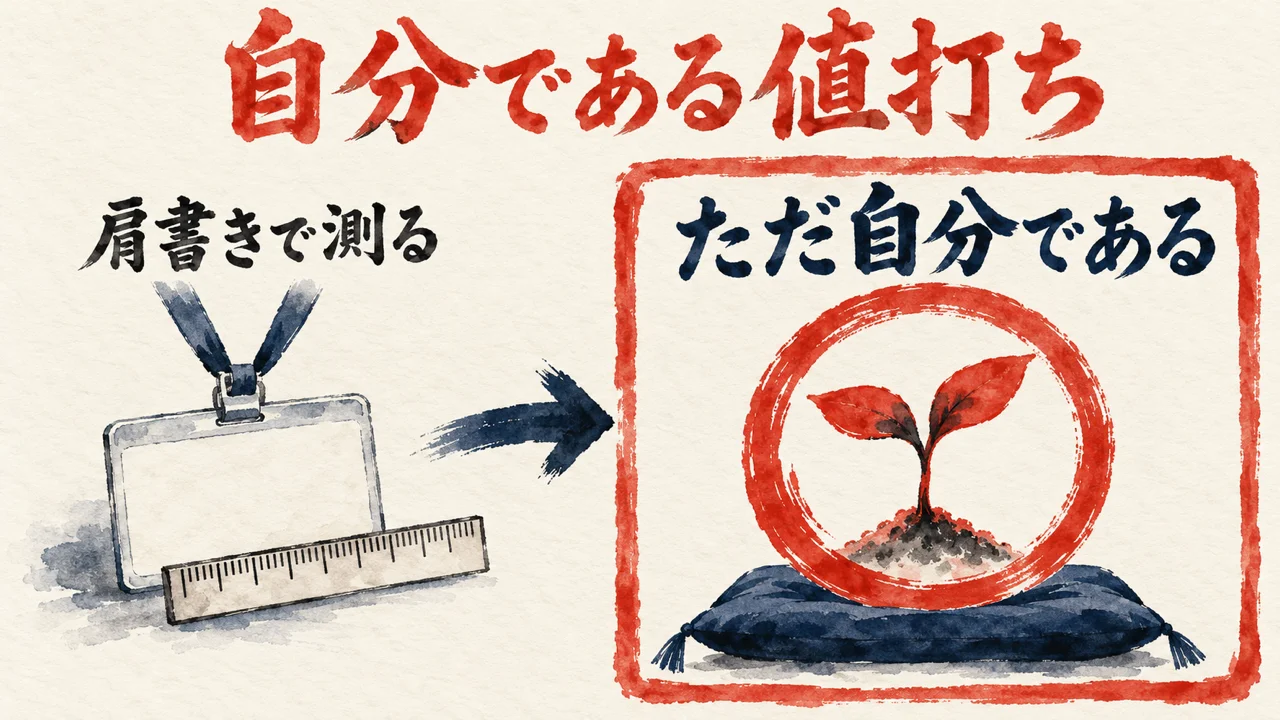肩書きの名札を定規で測る左の絵と、芽吹く大きな判子で自分である値打ちを示す右の絵を並べた図解