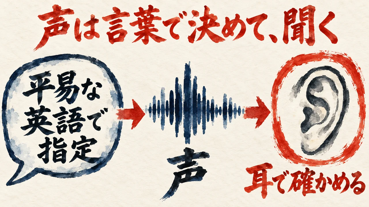 平易な英語で指定する吹き出しから、声の波を通り、耳で確かめる大きな耳へ進む図解
