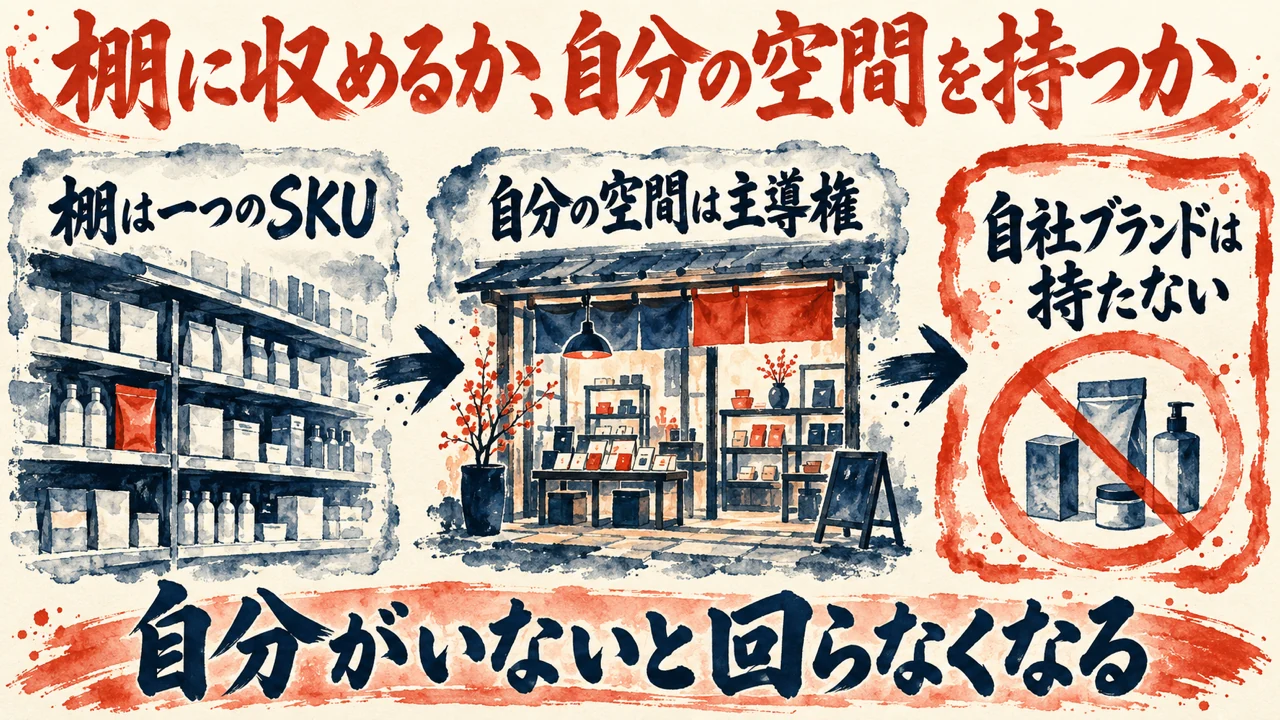 図解。棚に収めるのは一つのSKU、自分の空間は主導権、自社ブランドは持たない、の三つの札に、木の棚の水彩画が添えられ、下の帯に自分がいないと回らなくなるの文字。見出しは棚に収めるか、自分の空間を持つか