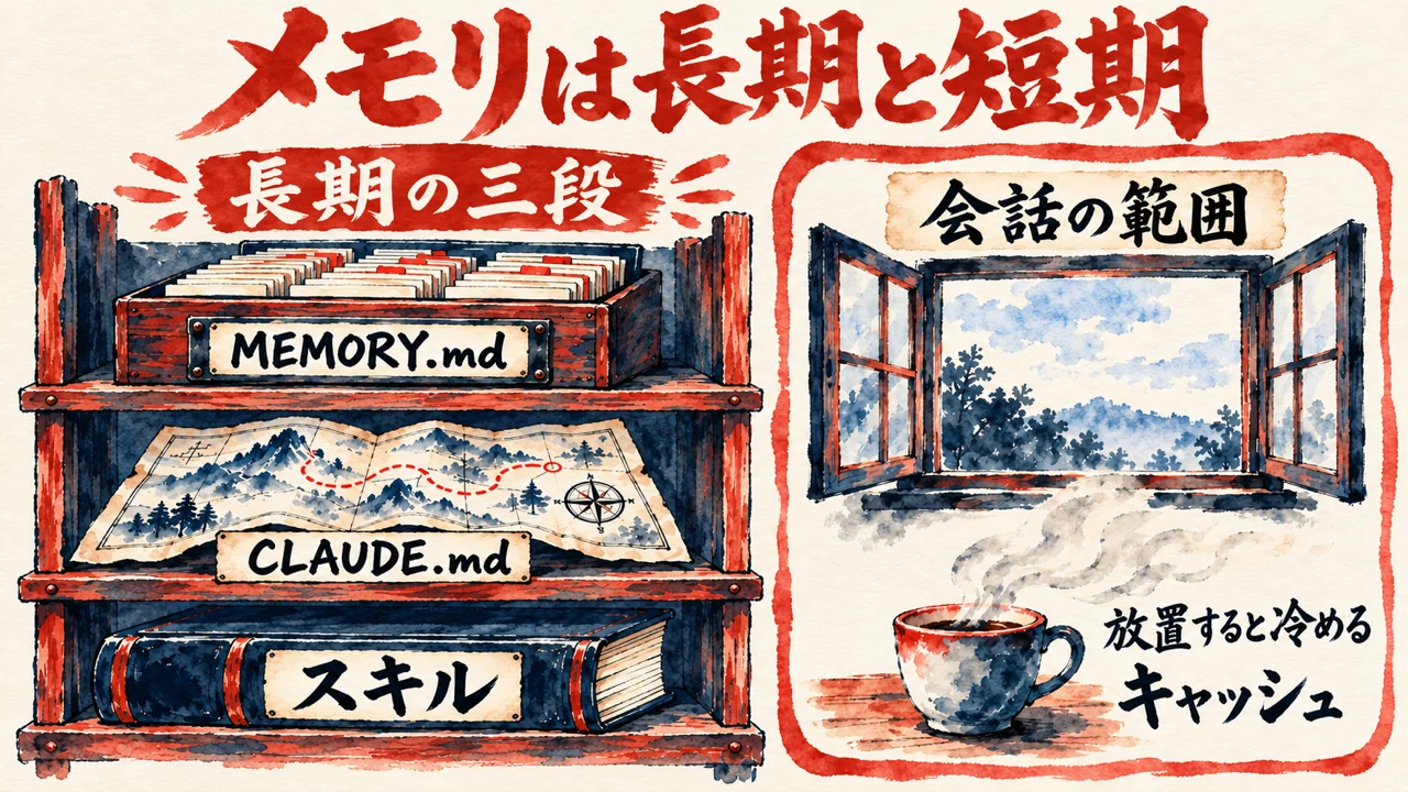 長期の三段の棚にMEMORY.md、CLAUDE.md、スキルが並び、右に会話の範囲の窓と、放置すると冷めるキャッシュの湯気のカップがある図解