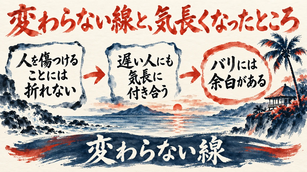 図解。人を傷つけることには折れない、遅い人にも気長に付き合う、バリには余白がある、の三つの札に、ヤシの木と小さな家の水彩画が添えられ、下の帯に変わらない線の文字。見出しは変わらない線と気長くなったところ