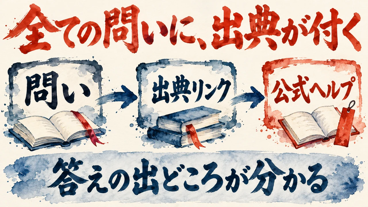 問い、出典リンク、公式ヘルプの順に答えの出どころへたどる和風水彩の図解