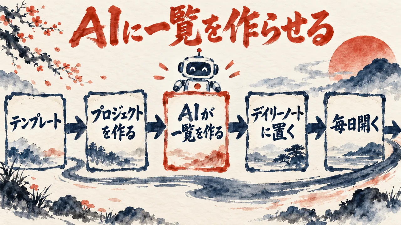テンプレートから、プロジェクトを作る、AIが一覧を作る、デイリーノートに置く、毎日開く、へ一方向に進む流れの図