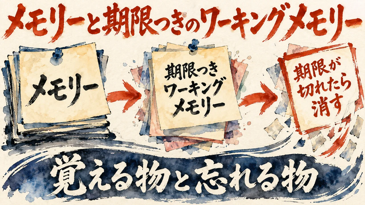 図解。メモリー、期限つきワーキングメモリー、期限が切れたら消してよい、の三つの札に、付箋の水彩画が描かれている。見出しはメモリーと期限つきのワーキングメモリーを分ける