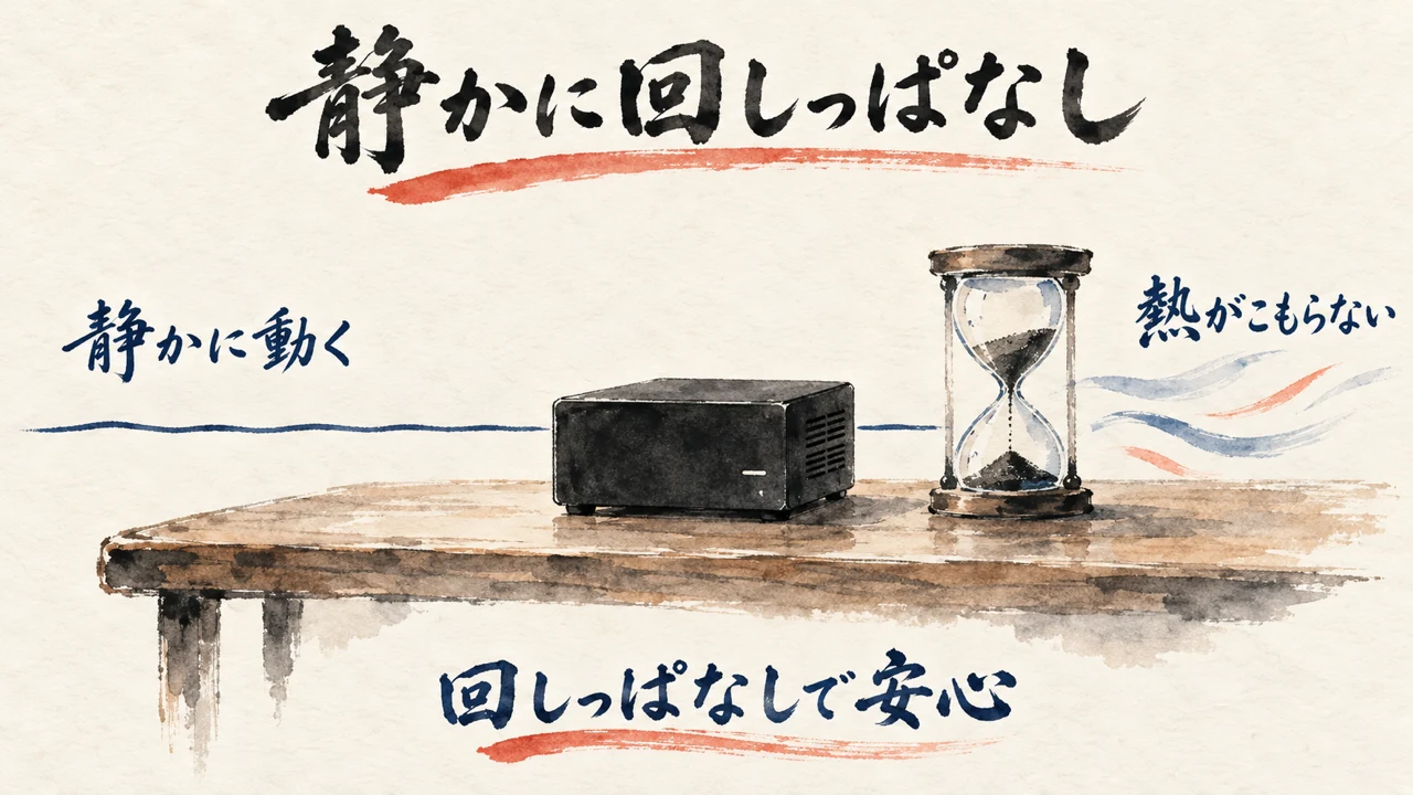 図解。静かに動く、熱がこもらない、回しっぱなしで安心、の三つの札に、机の上の小さな箱の水彩画が描かれている。見出しは動作音が変わらず回しっぱなしにできる