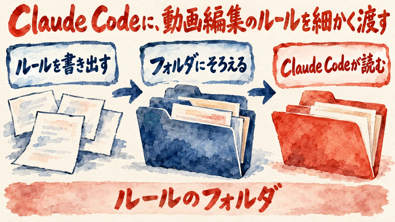 図解。ルールを書き出す、フォルダにそろえる、Claude Codeが読む、の三つの札に、フォルダの水彩画が描かれている。見出しはClaude Codeに、動画編集のルールを細かく渡す