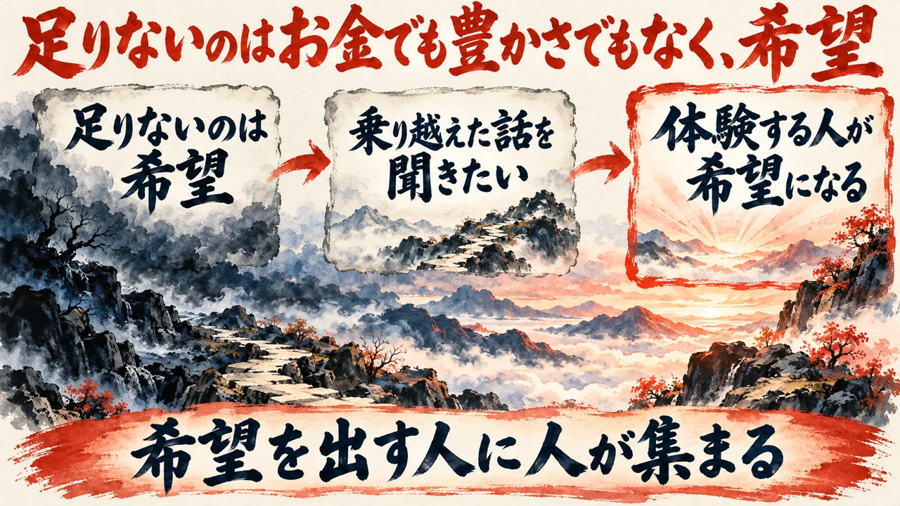 図解。足りないのは希望、乗り越えた話を聞きたい、体験する人が希望になる、の三つの札に、夜明けの灯りの水彩画が描かれている。見出しは足りないのはお金でも豊かさでもなく、希望