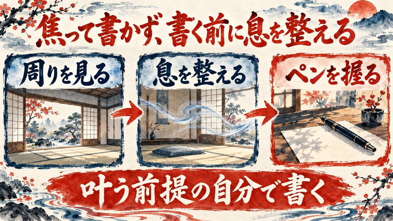 図解。周りを見る、息を整える、ペンを握る、の札が矢印で並び、畳の静かな和室と万年筆の水彩画が添えられている。見出しは焦って書かず、書く前に息を整える