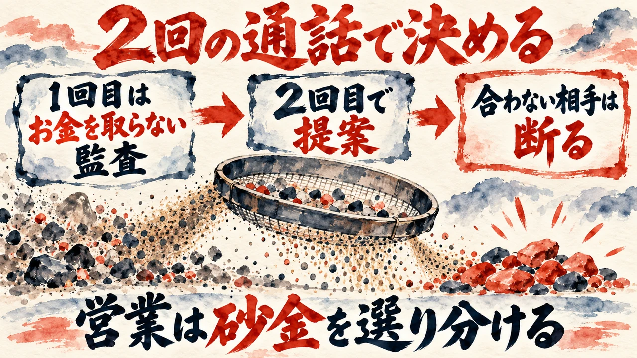 図解。1回目はお金を取らない監査、2回目で提案、合わない相手は断る、の三つの札で、営業は砂金を選り分けることだと示す