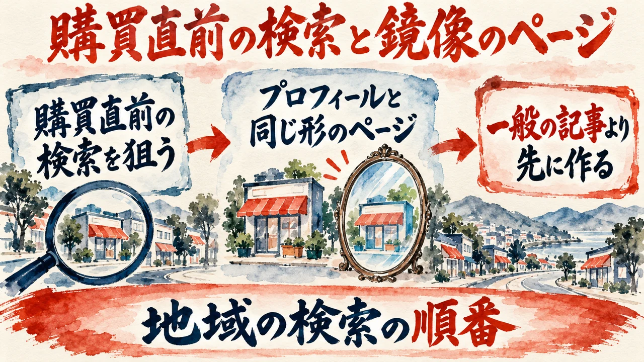 図解。購買直前の検索を狙う、Googleビジネスプロフィールと同じ形のページを作る、一般の記事より先に作る、の三つの札で、地域の検索の順番を示す