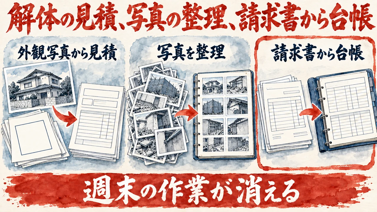 図解。外観写真から見積、写真を整理、請求書から台帳、の三つの札が矢印で並ぶ水彩画。見出しは解体の見積、写真の整理、請求書から台帳