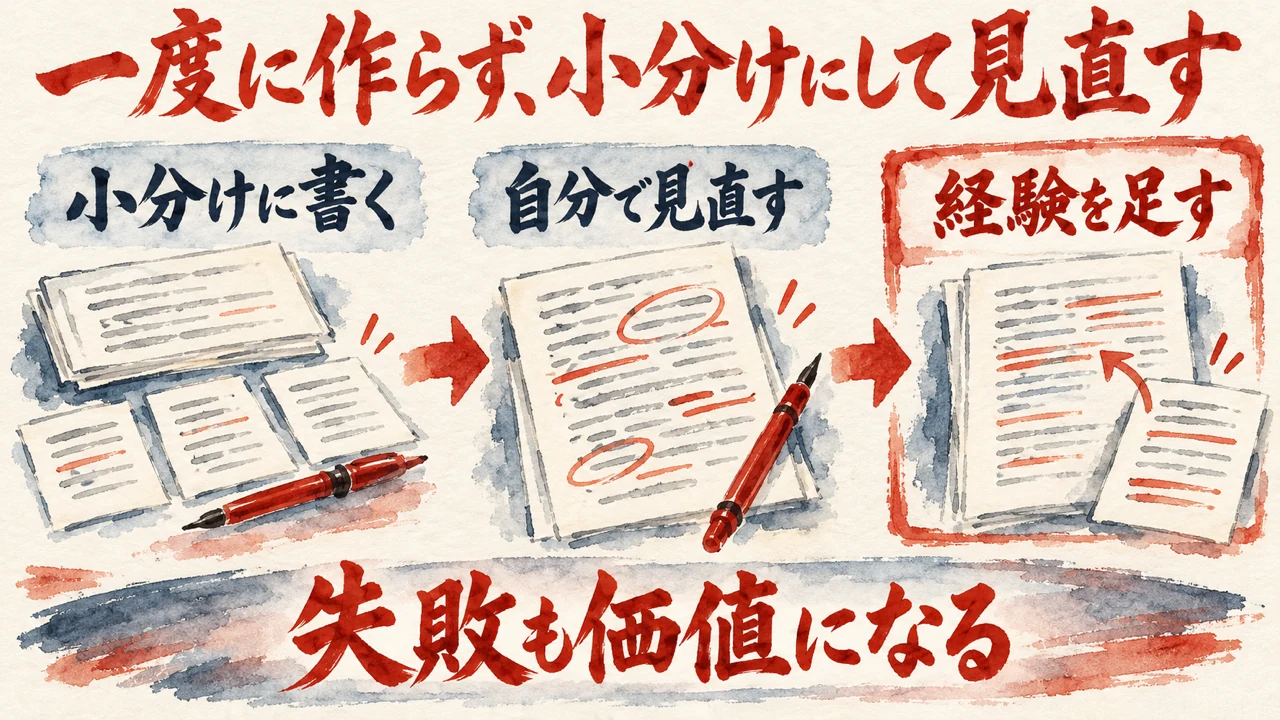 図解。小分けに書く、自分で見直す、経験を足す、の三つの札が矢印で並び、赤ペンと原稿の水彩画が添えられている。見出しは一度に作らず小分けにして見直す