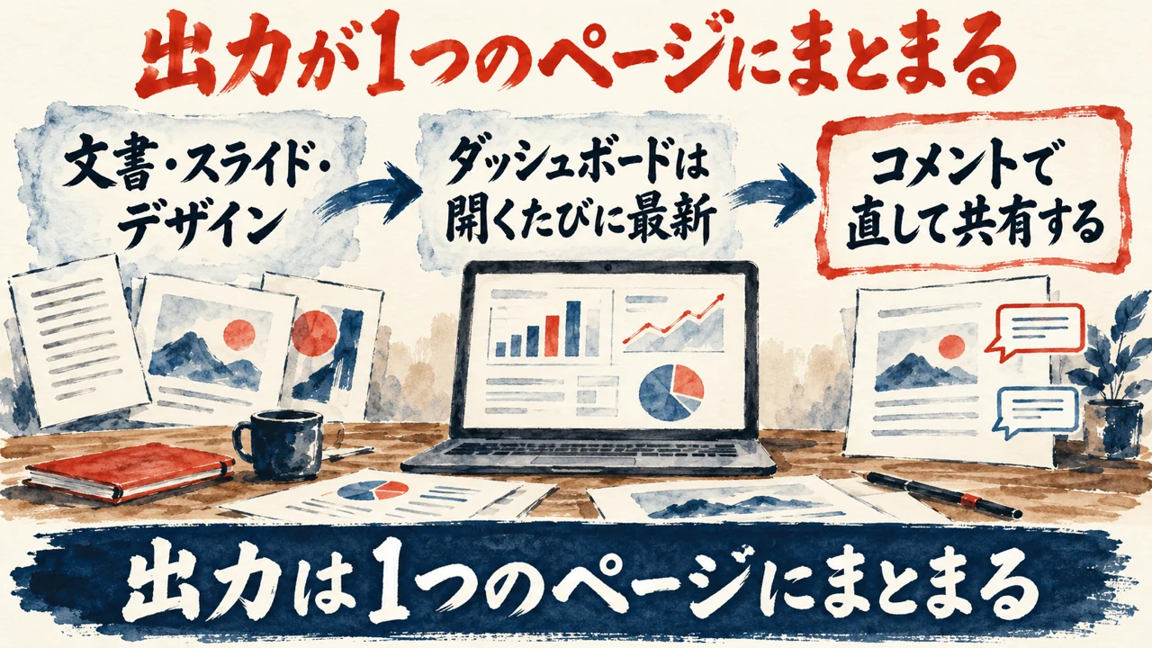 図解。ドキュメント・スライド・デザイン、ダッシュボードは開くたびに最新、コメントで直して共有する、の三つの札で、出力が1つのページにまとまる流れを示す