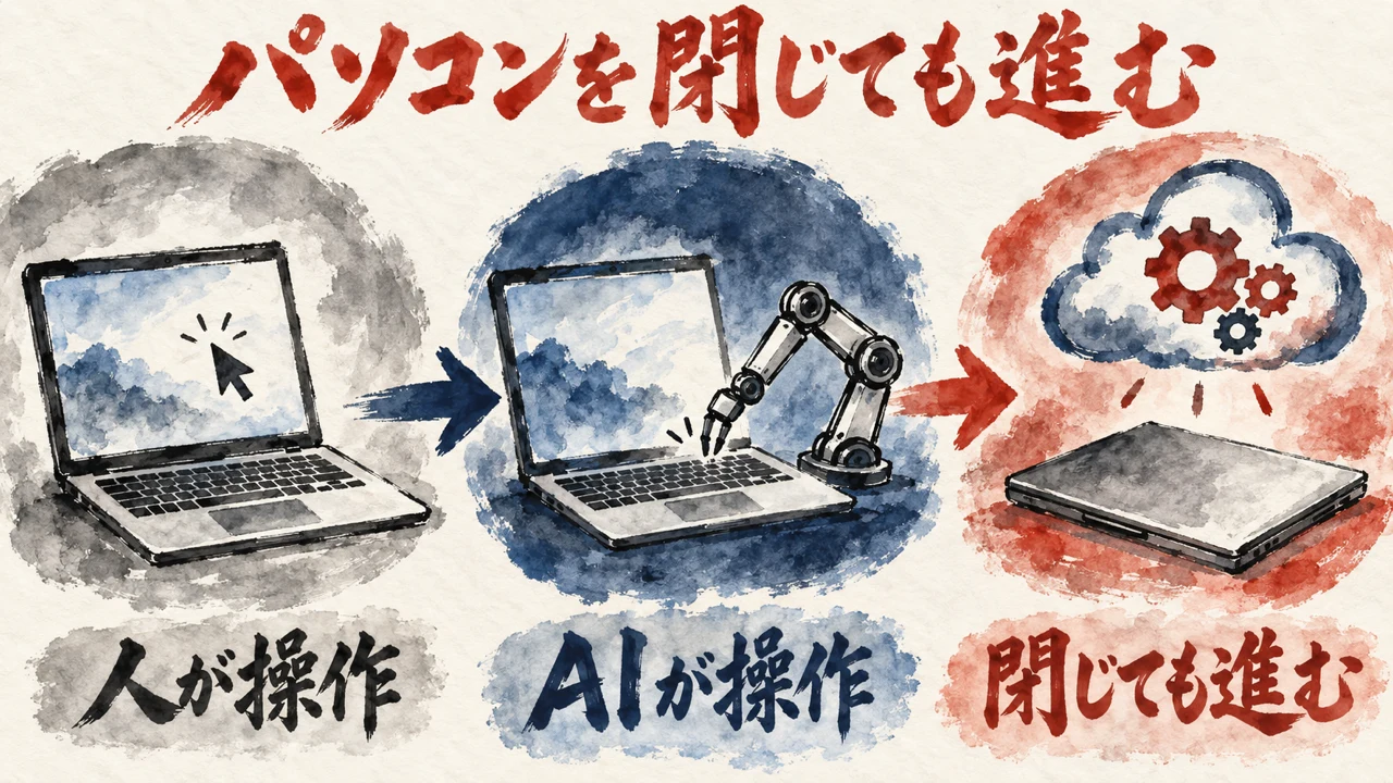 人が操作、AIが操作、パソコンを閉じても進む、の3つの札を左から右へ矢印でつないだ流れの図