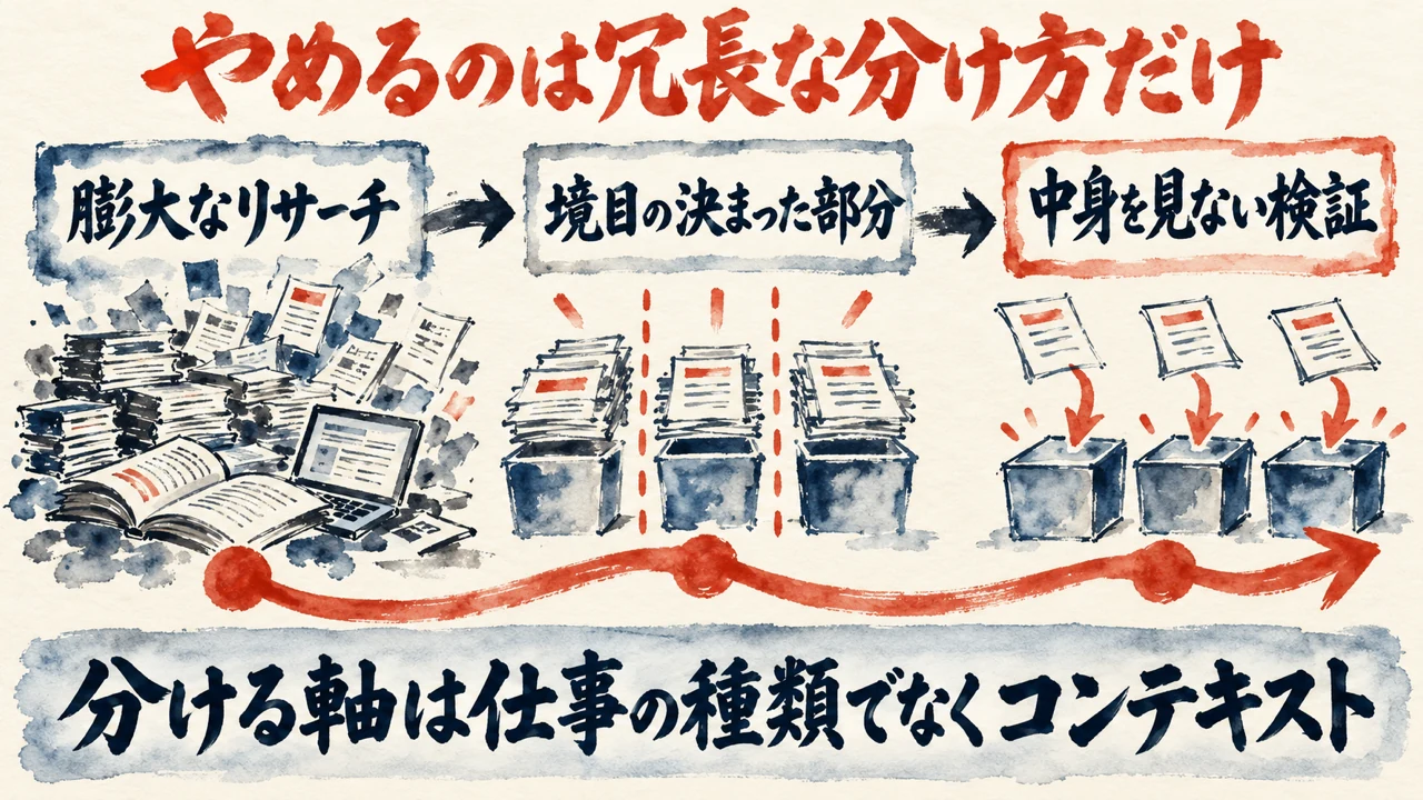 図解。膨大なリサーチ、境目の決まった部分、中身を見ない検証の三つを分けて残し、分ける軸は仕事の種類ではなくコンテキストと示す水彩画