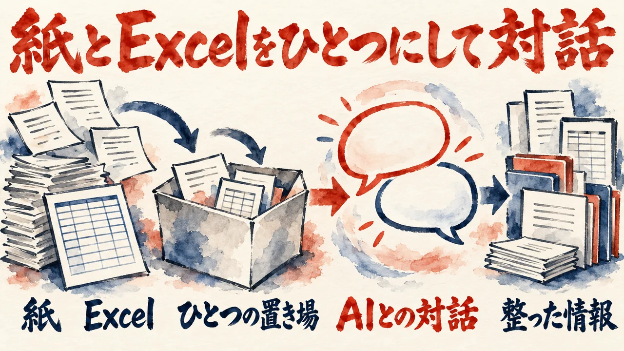 紙とExcelの情報をひとつの置き場に集め、AIとの対話で整った情報にする流れを描いた図解