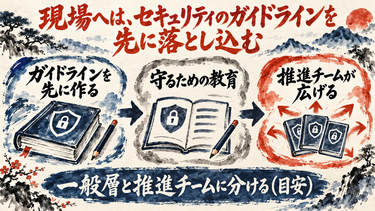 図解。ガイドラインを先に作る、守るための教育、推進チームが広げる、の三つの札が矢印で並び、一般層と推進チームに分ける、の帯が添えられている水彩画。見出しは現場へはセキュリティのガイドラインを先に落とし込む