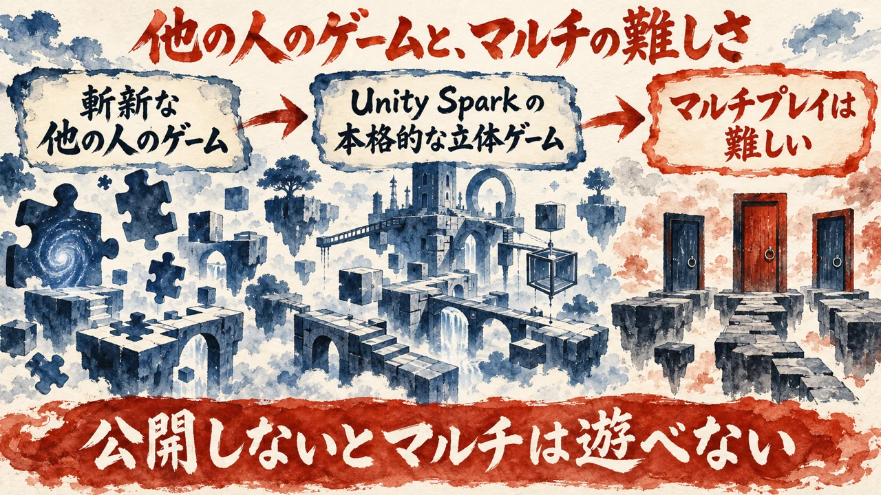 図解。斬新な他の人のゲーム、Unity Spark の本格的な立体ゲーム、マルチプレイは難しい、の三つ。公開しないとマルチは遊べない、と示す水彩画