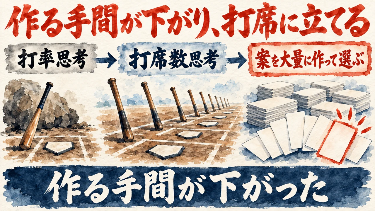 図解。打率思考から打席数思考へ、案を大量に作って選ぶ流れを、バットと打席、案のカードの山の水彩画で描いた図