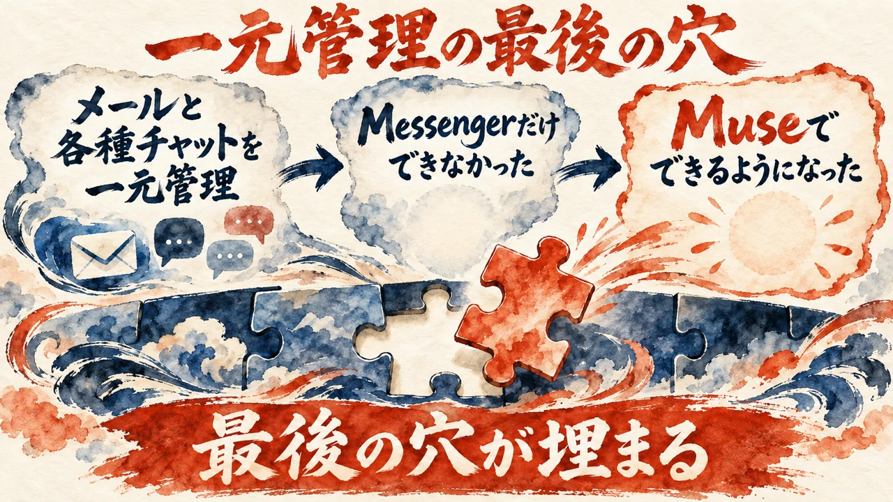 図解。メールや各種チャットを全部AIで一元管理、Messengerだけできなかった、Museでできるようになった、の三つの札で、一元管理の穴が埋まると示す