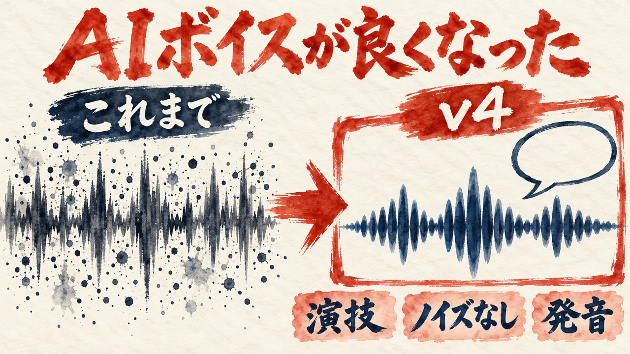 ギザギザに乱れた音の波形のこれまでと、なめらかな波形と吹き出しのv4を左右に比べ、演技・ノイズなし・発音の札を添えた図解