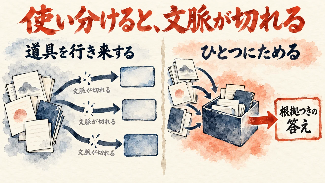 道具を行き来すると三か所で文脈が切れる左側と、書類をひとつの箱にためて根拠つきの答えを出す右側を並べた図解