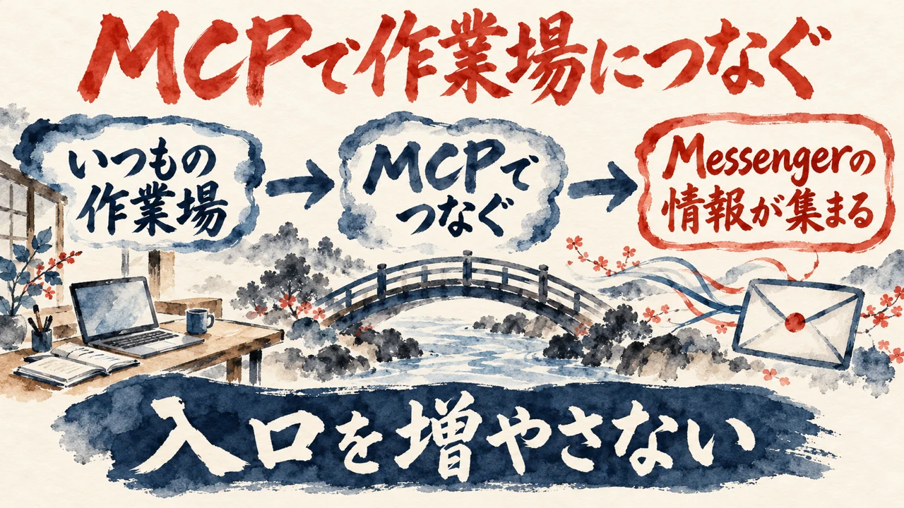 図解。使い慣れた作業場から、MCPを通ってMuseにつながり、Messengerの情報が集まる流れを描いた水彩画