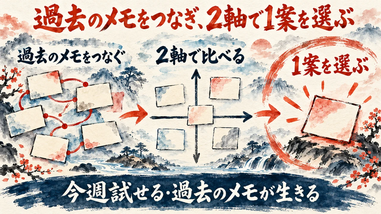 図解。過去のメモをつなぎ、2軸で比べ、1案を選ぶ流れを、縦横の軸と札の水彩画で描いた図