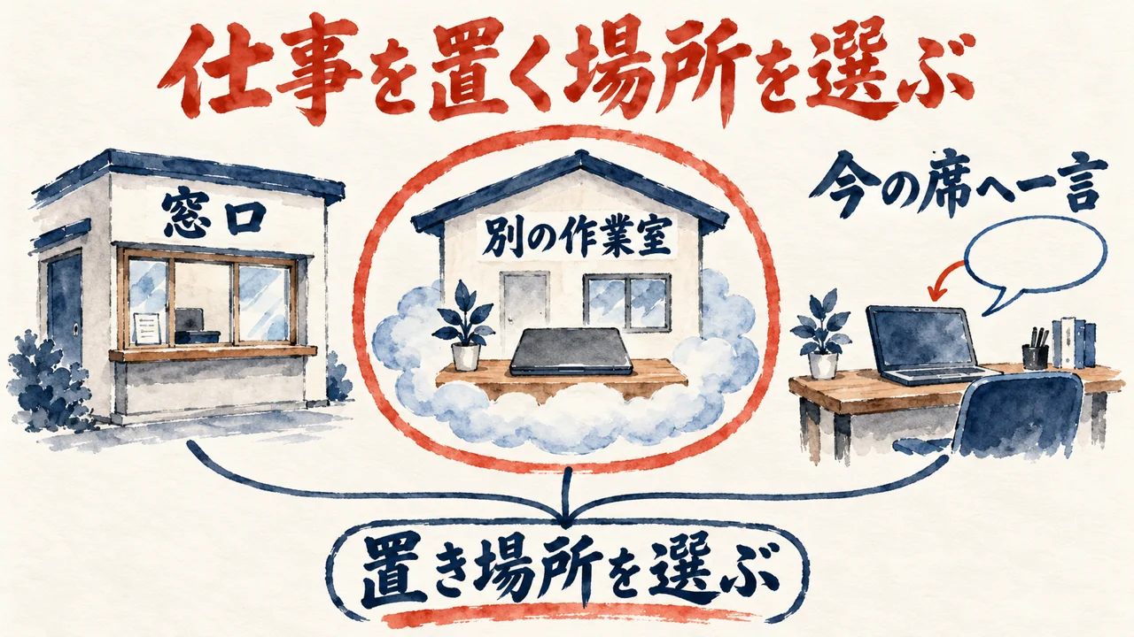 案件の窓口、雲の上の別の作業室、今の席への一言の三つの置き場所を横に並べた図解