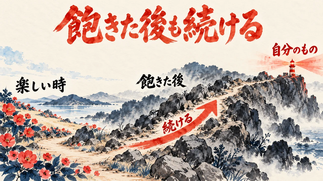 楽しい時の平地から、飽きた後の上り坂を、続ける矢印で進み、自分のもの、の灯台に着く道を描いた図解