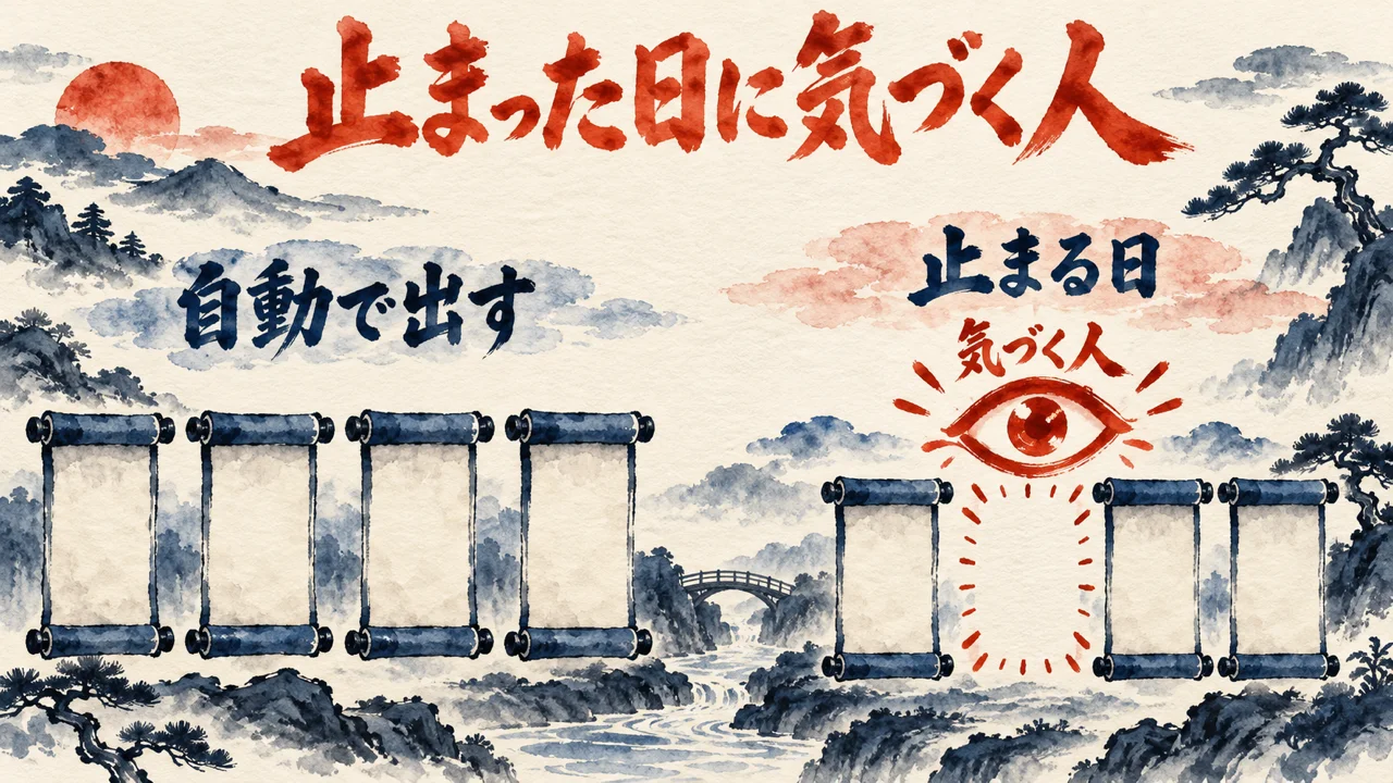 自動で出す巻物の列と、一つ欠けた止まる日、そこに気づく人を朱色の目で描いた水彩の図解