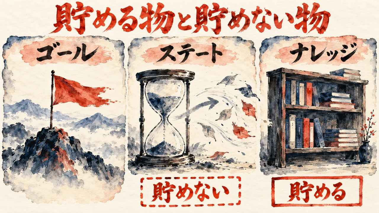 ゴール、ステート、ナレッジの三つの札を並べ、ステートは貯めない、ナレッジは貯めると示した図解