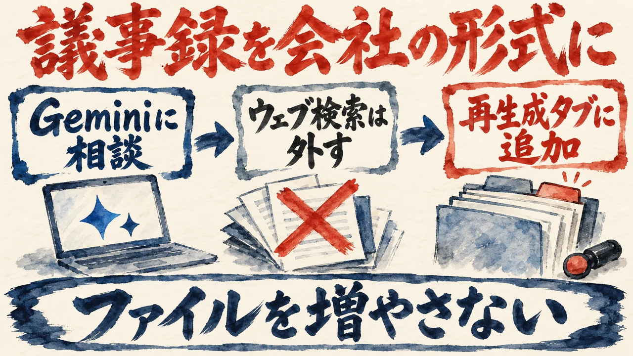 図解。Geminiに相談して議事録にする、ウェブ検索は外す、既存のドキュメントに再生成タブとして足す、の三つの札で、議事録の作り方を示す