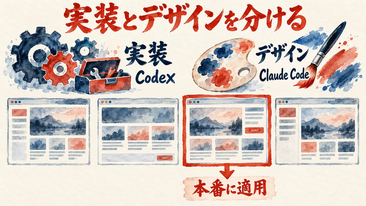 実装はCodex、デザインはClaude Codeに分け、見た目違いの案から一つを本番に適用する流れを描いた図解