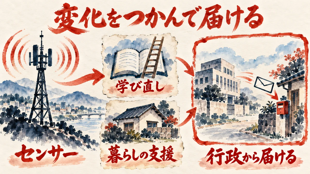 センサーのアンテナから、学び直しと暮らしの支援の二枚の札へつながり、役所から家の郵便受けへ封筒が飛ぶ行政から届けるへ進む図解