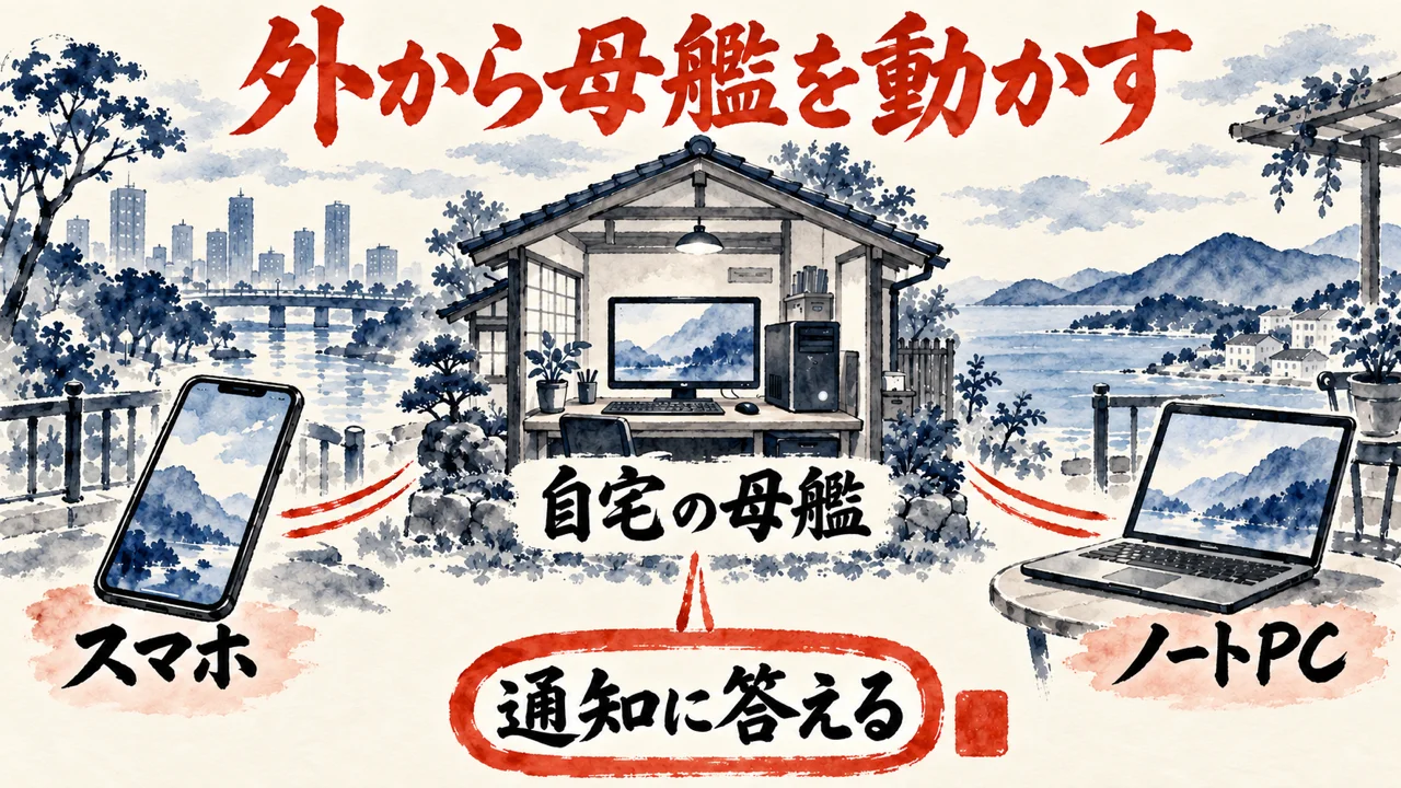 自宅の母艦のパソコンを、外からスマホとノートPCで動かし、通知に答える様子を描いた水彩の図解
