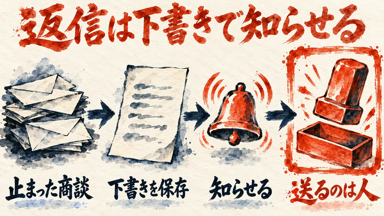 止まった商談の封筒から、下書きを保存、知らせる、送るのは人へと進む四段の流れを描いた図解