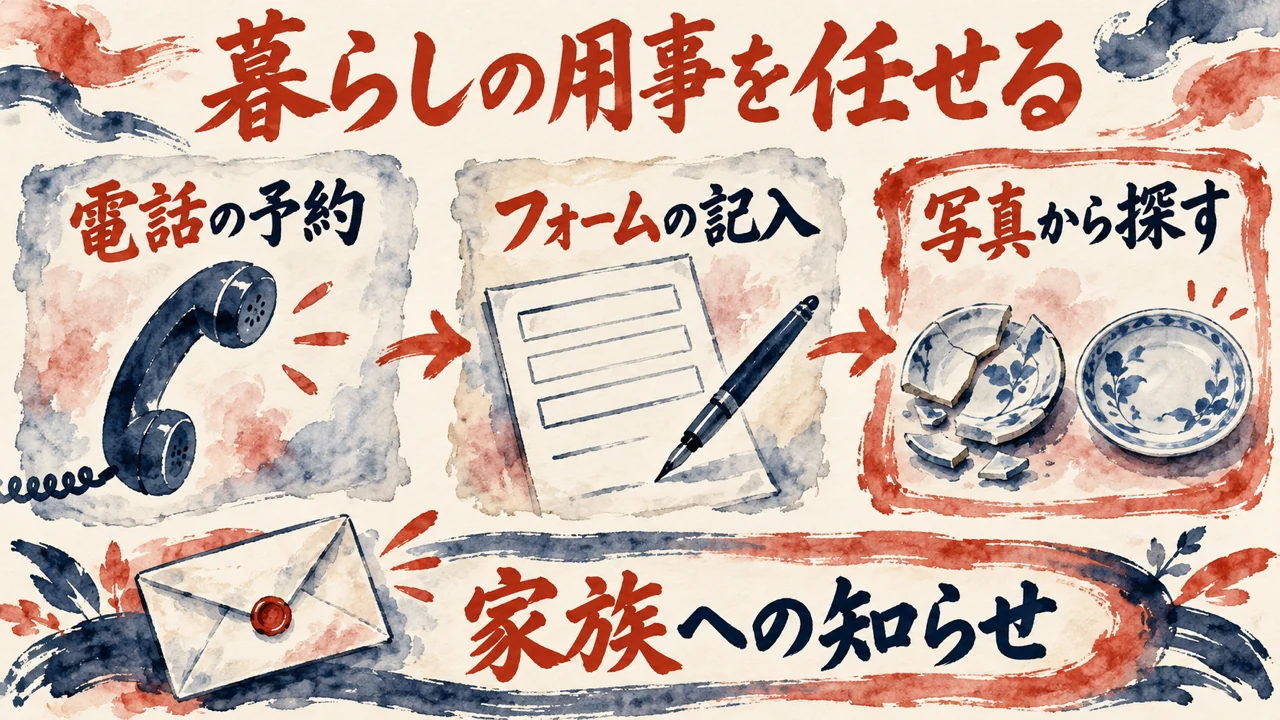 図解。電話、フォーム、割れたお皿、家族への知らせ、の札が並ぶ