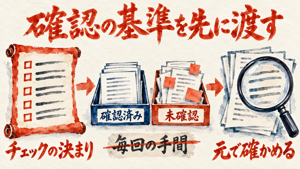 チェックの決まりの巻物から、確認済みと未確認の二つの箱に分かれ、元で確かめる流れを描いた図解