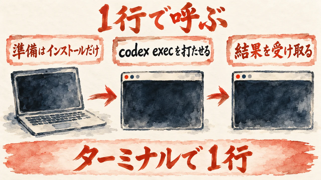 図解。準備はインストールだけ、codex execを1行打たせる、結果を受け取るの三つの札で、呼び方を示す